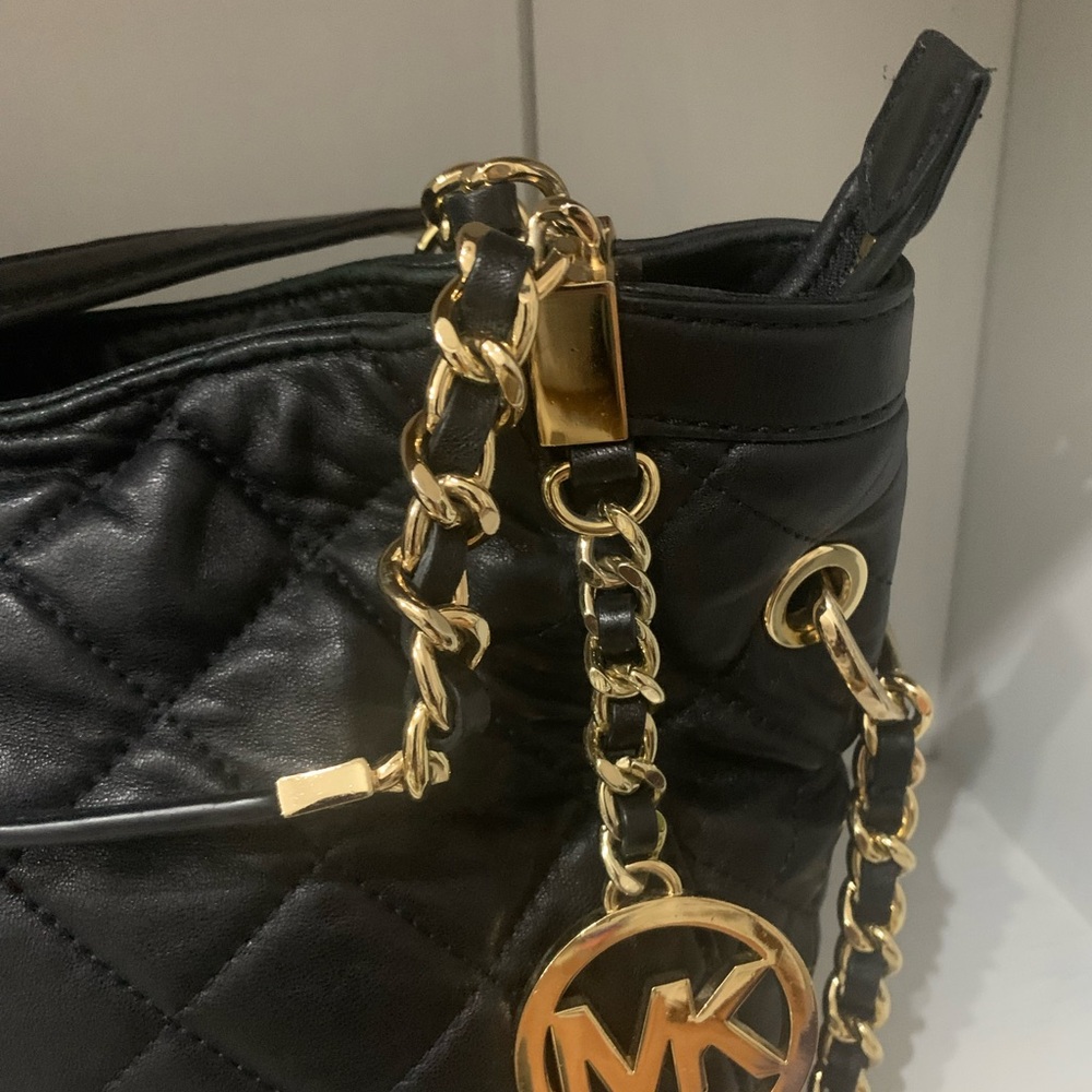 Michael Kors Black Leather Quilted Shoulder Bag with Gold Accents - Picture 2 of 11